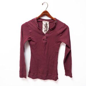 Vtg Y2K Derek Heart Burgundy Henley Top Cotton Women M Bella Swan Indie Sleaze